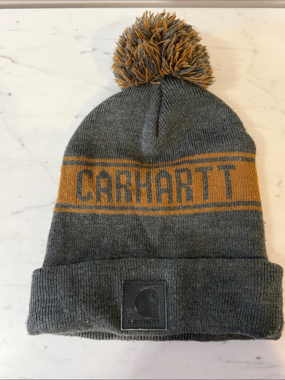 Carhartt Gray and Brown Pom-Pom Knit Beanie with Logo Band
